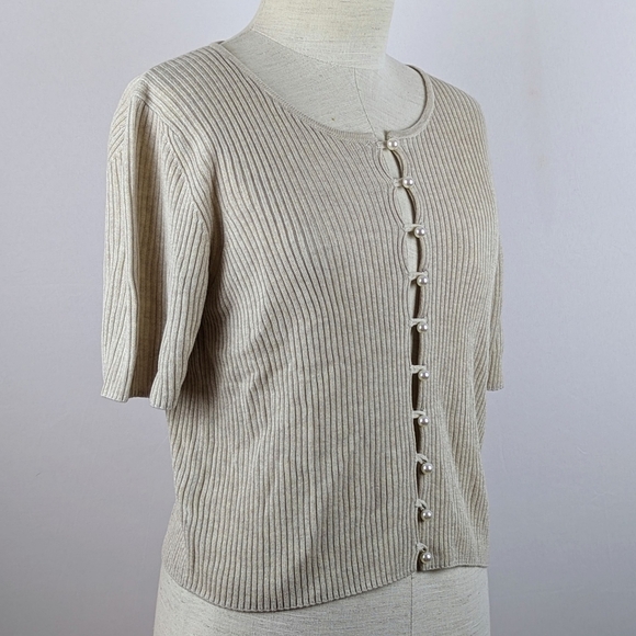 NAADAM Cardigan Faux Pearl Button Front Short Sleeve Silk Cashmere Linen M NWOT - Picture 5 of 12